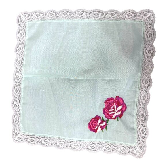 Vintage Handkerchief Embroidered Red Roses & Pink Lace Trim Hanky Victorian - Picture 3 of 4